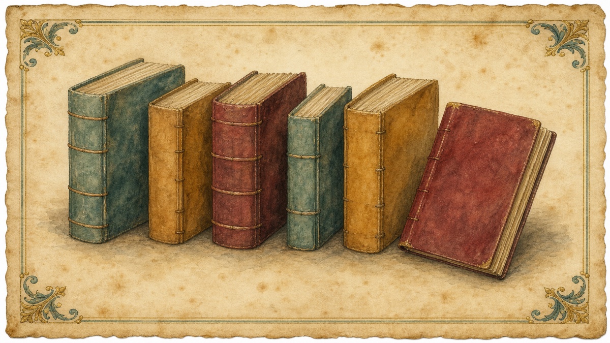 Six blank hand-bound booklets of different thicknesses in teal, ochre and oxblood standing in a row, one tilted forward, representing book writing courses compared