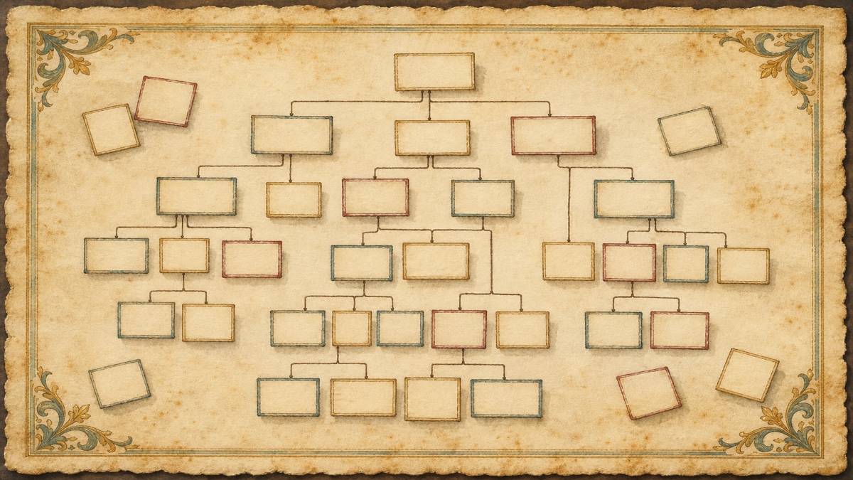 A branching tree of blank cards connected by inked lines on parchment with a few loose cards set aside, a chapter map showing how to outline a book