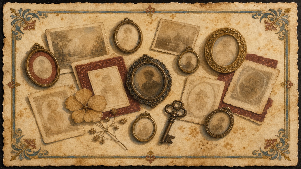 Scattered oval portrait frames and faded photographs on parchment with a few kept sharp and clear, showing a life edited down to the moments a memoir keeps