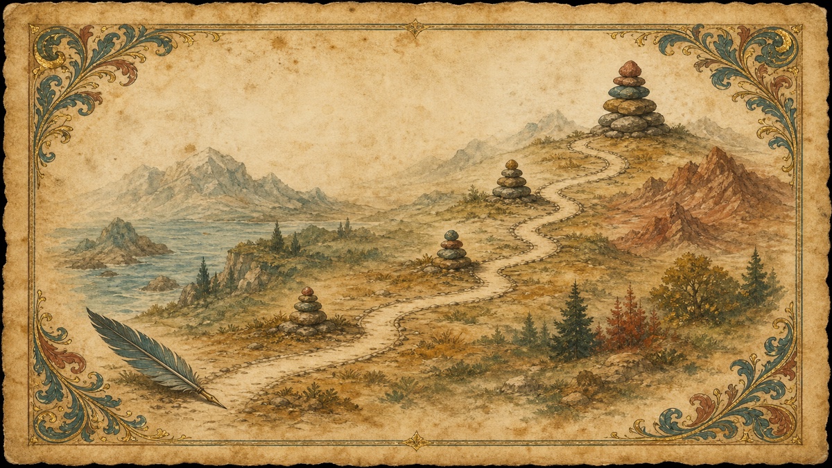A winding painted path across parchment marked by four stacked stone cairns, a quill resting at the start, showing how to write a book as a long journey in stages
