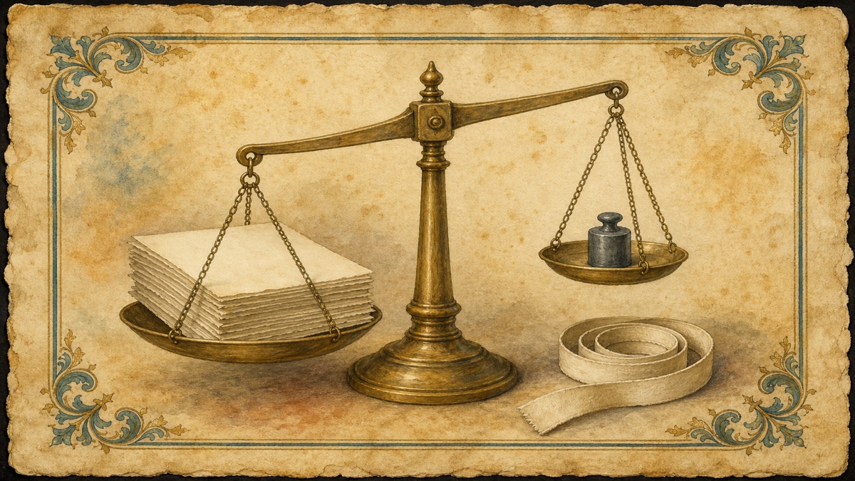 A brass balance scale on parchment weighing a tall stack of blank manuscript pages against a single small lead weight, with a coiled measuring tape beside it