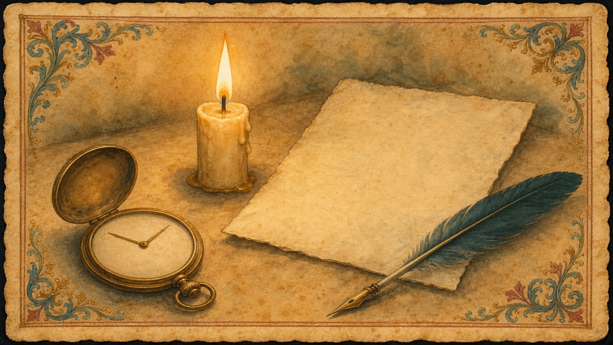 A freshly lit candle beside a blank sheet, cut quill and open pocket watch on parchment, the candle barely burned down at the start of a writing session