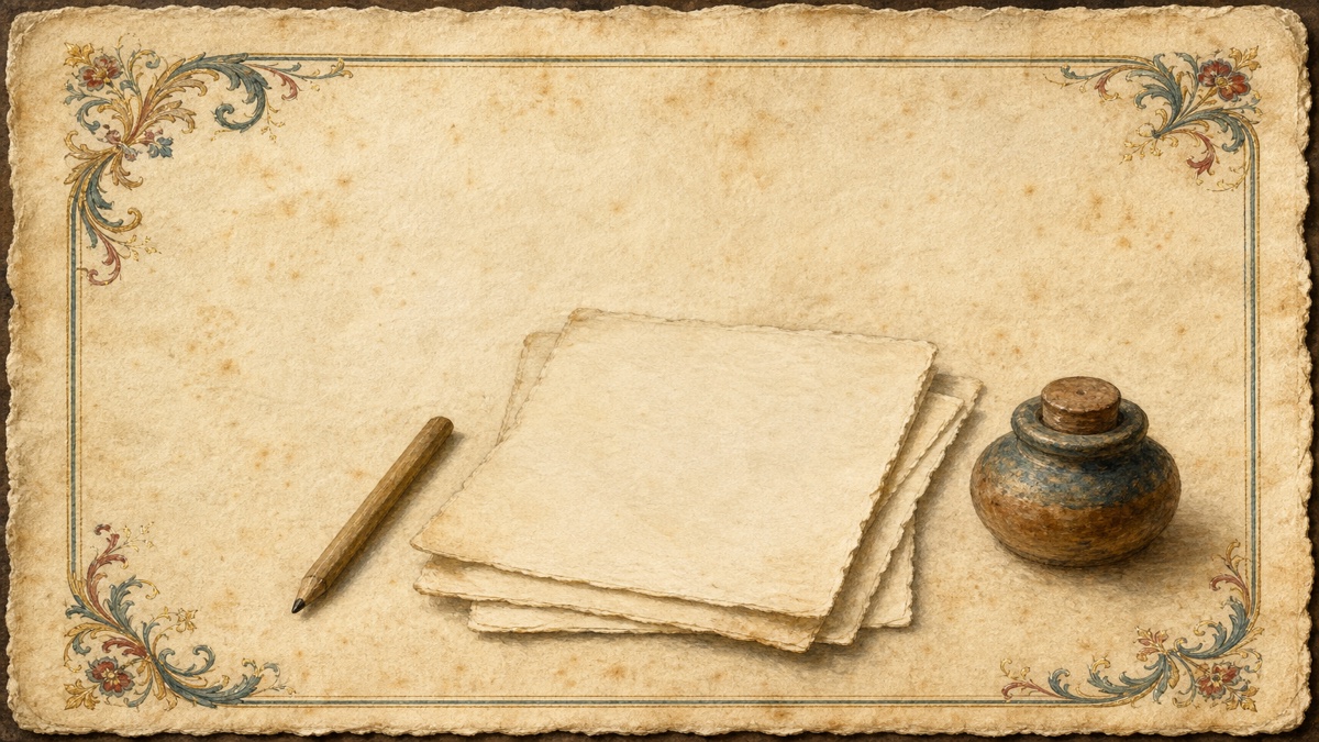 An unsharpened pencil, three blank parchment sheets and a stoppered clay inkwell, the tools for writing a book with no experience before anything has been written