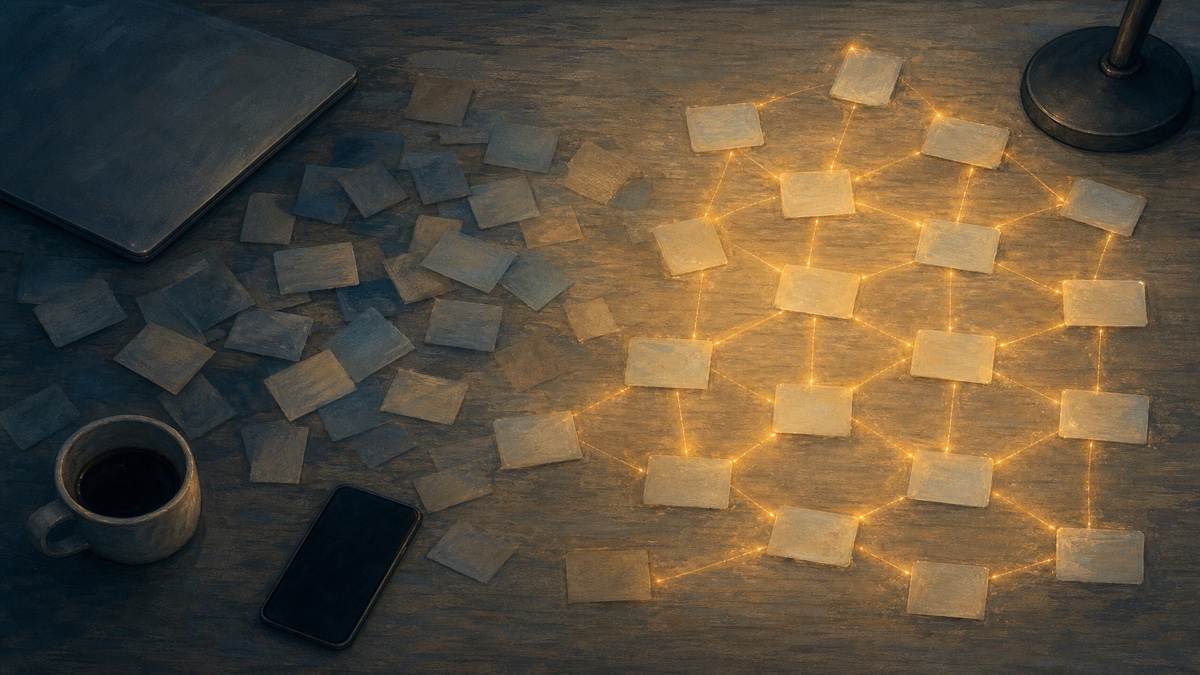 Loose index cards scattered in a cold disconnected pile on the left, resolving into an orderly web of cards joined by glowing gold threads on the right
