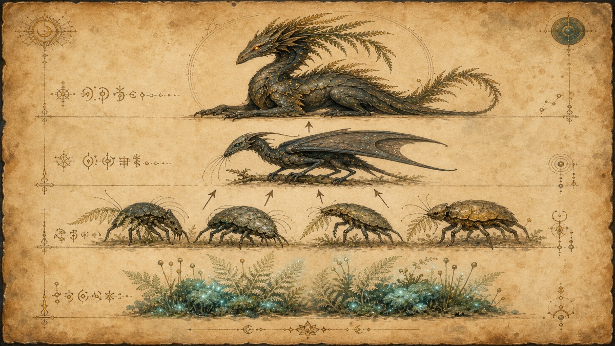 Worldbuilding ecology food web showing four trophic tiers, from glowing ground cover up through grazers and a winged predator to a single apex creature, with arrows tracing what eats what